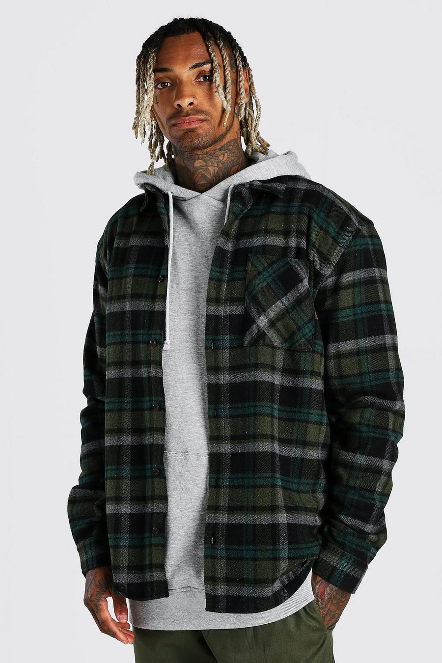 Khaki Tjock skjortjacka med rutmönster image number 1