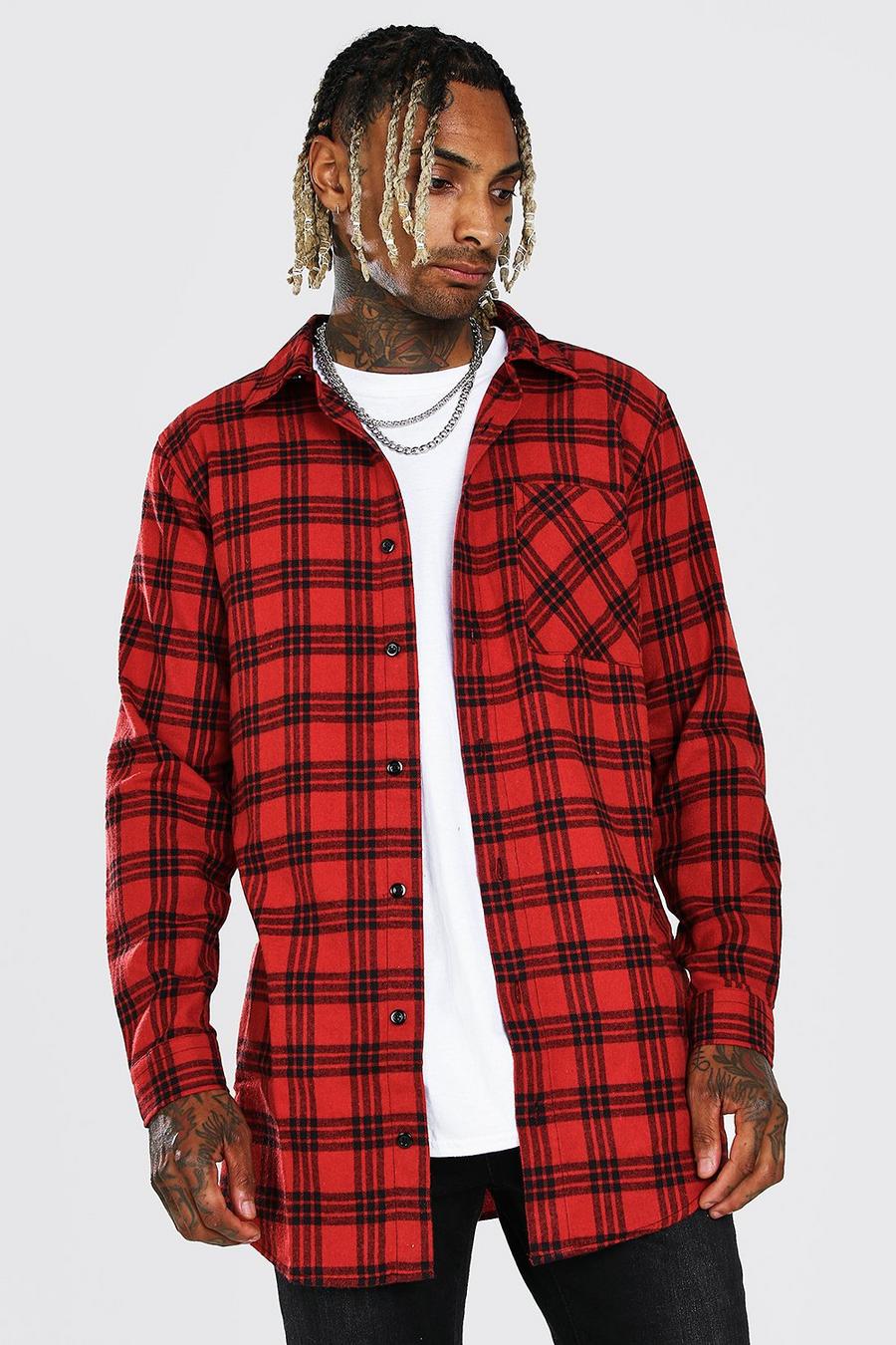 Red Long Sleeve Longline Flannel Shirt image number 1