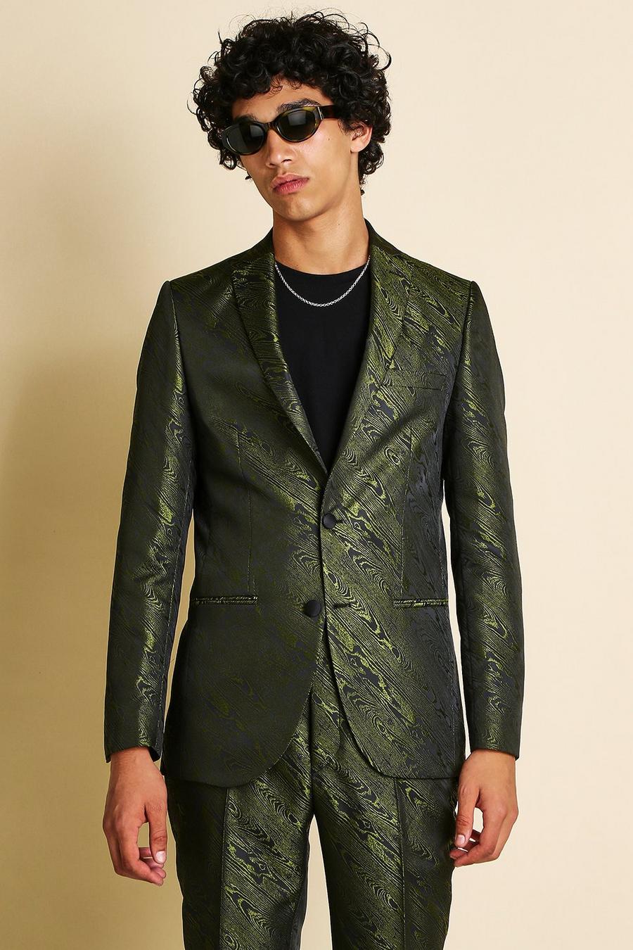 Khaki Skinny Animal Jacquard Suit Jacket image number 1