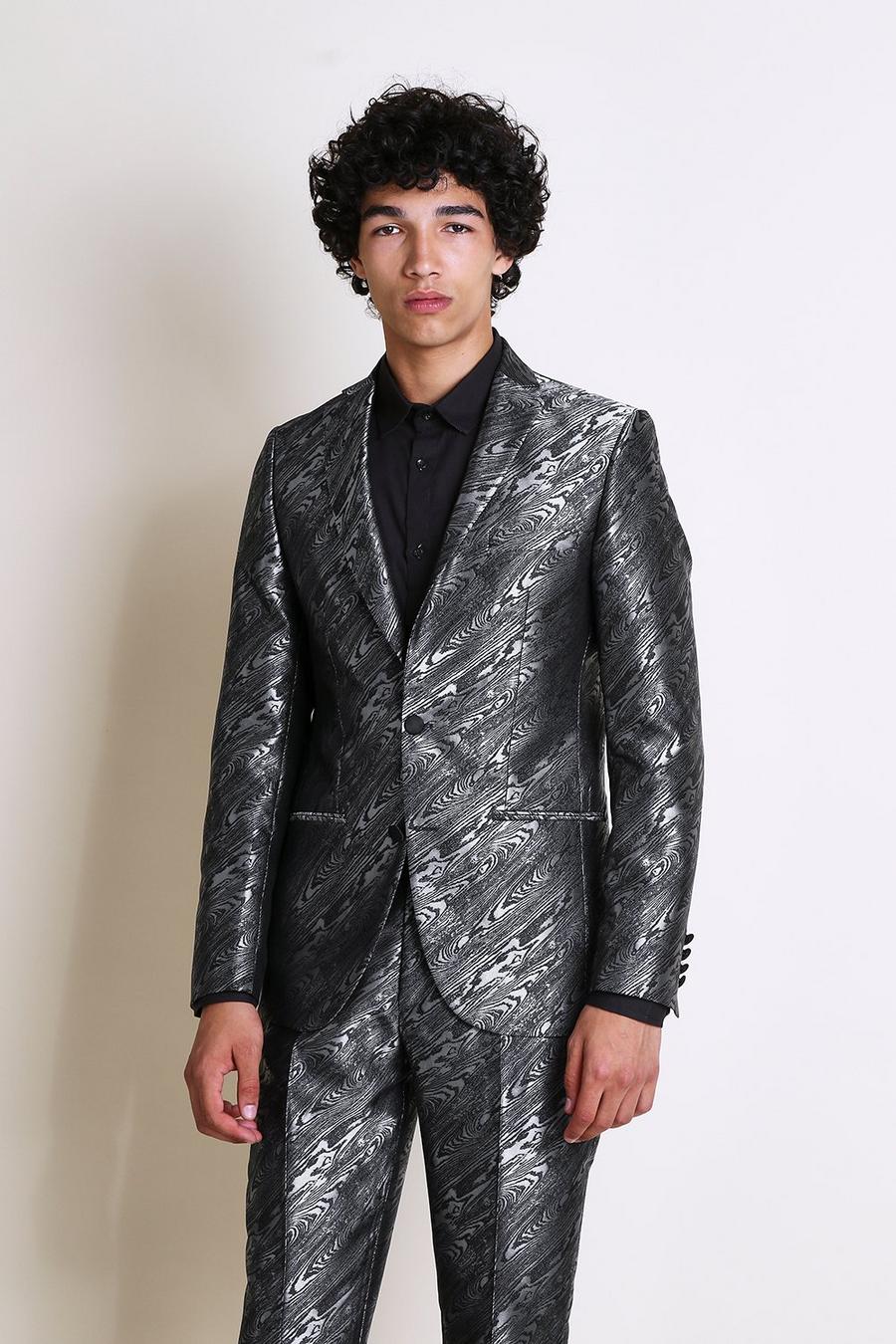 אפור ז'קט חליפה בגזרת סקיני מבד ג'קארד בדוגמה חייתית image number 1