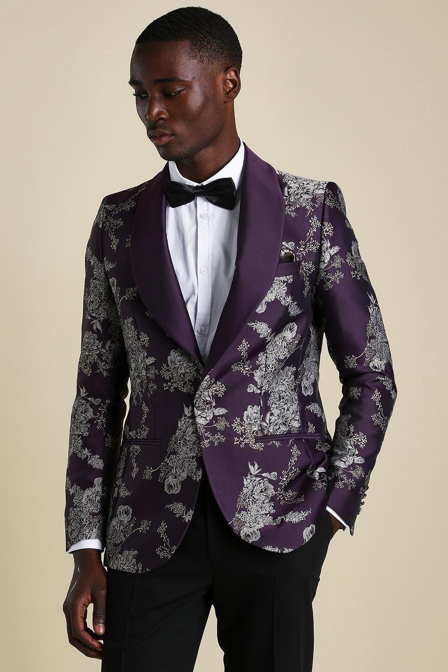 Skinny Smoking-Blazer aus Jacquard mit Blumenmuster, Violett image number 1