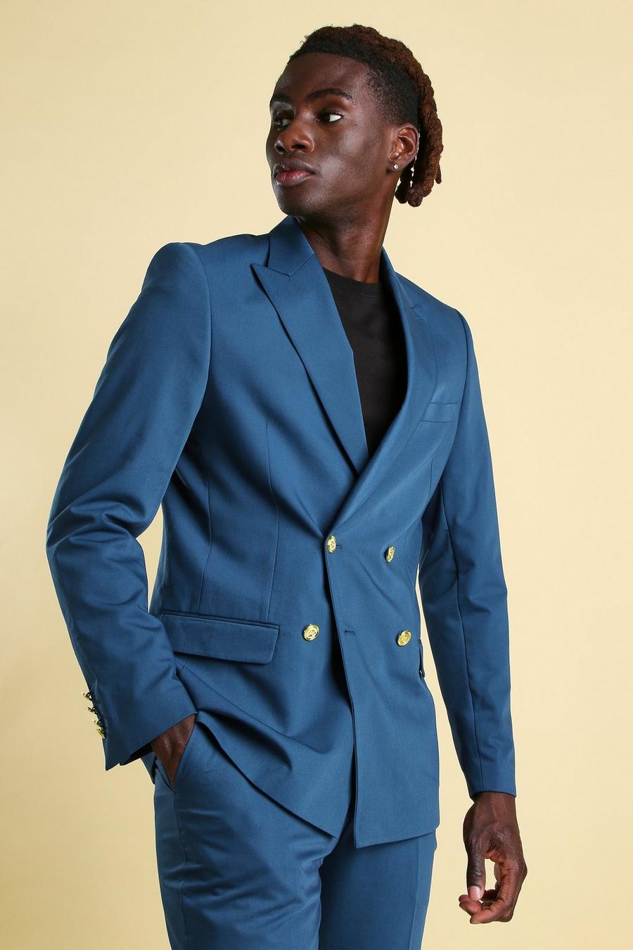 Teal Skinny Plain Double Breasted Suit Jacket image number 1
