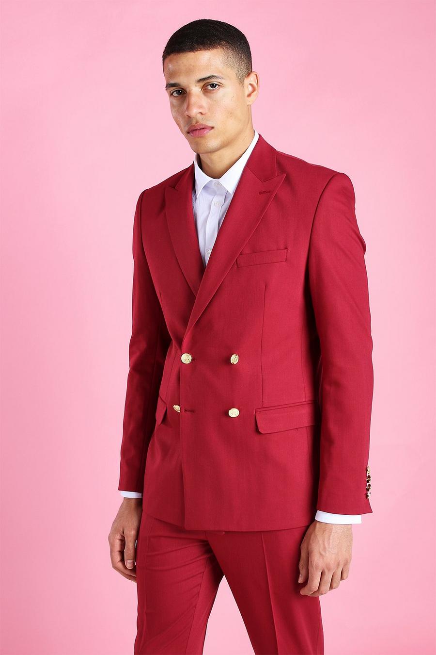 אדום בורגונדי ז'קט חליפה בגזרת סקיני חלק עם רכיסה כפולה image number 1