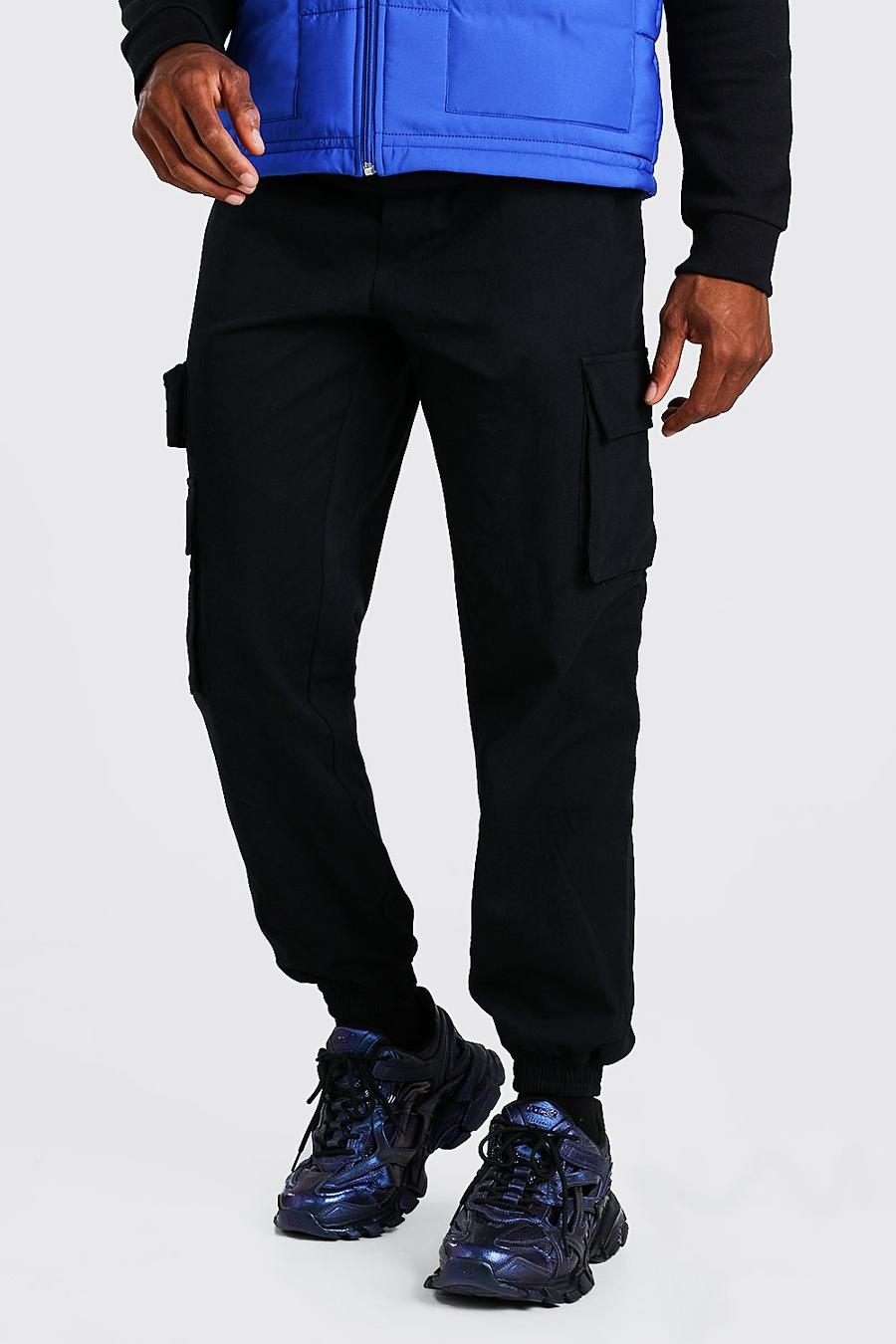 Pantalón cargo de sarga con detalle de cinturón en contraste, Negro image number 1
