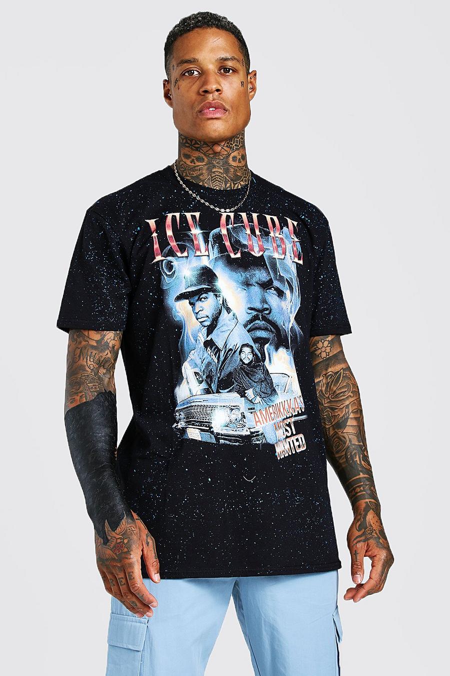 T-Shirt in Übergröße mit Acid-Waschung und „Ice Cube“-Print, Schwarz image number 1