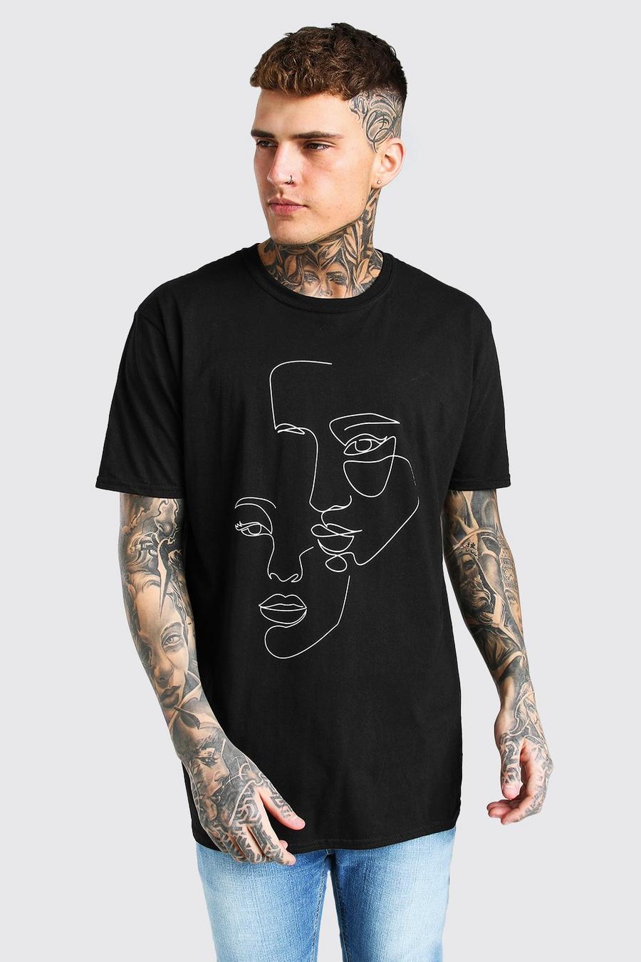 Black schwarz Oversized Faces Line Drawing Print T-Shirt image number 1