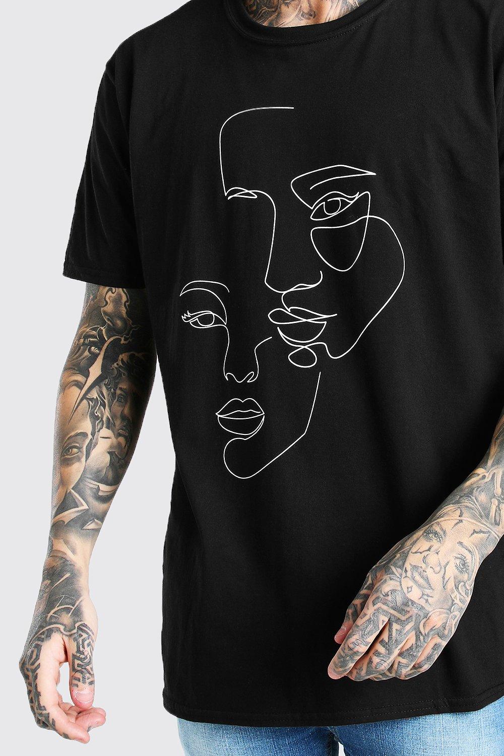 Oversized Faces Line Drawing Print T-Shirt