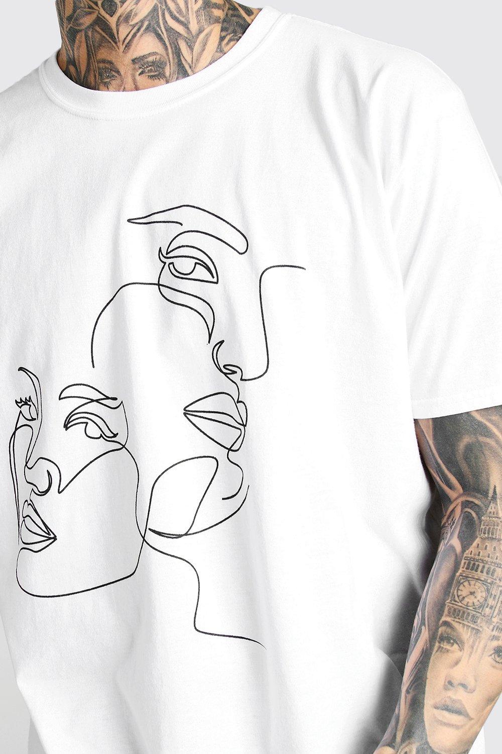 Oversized Faces Line Drawing Print T-Shirt