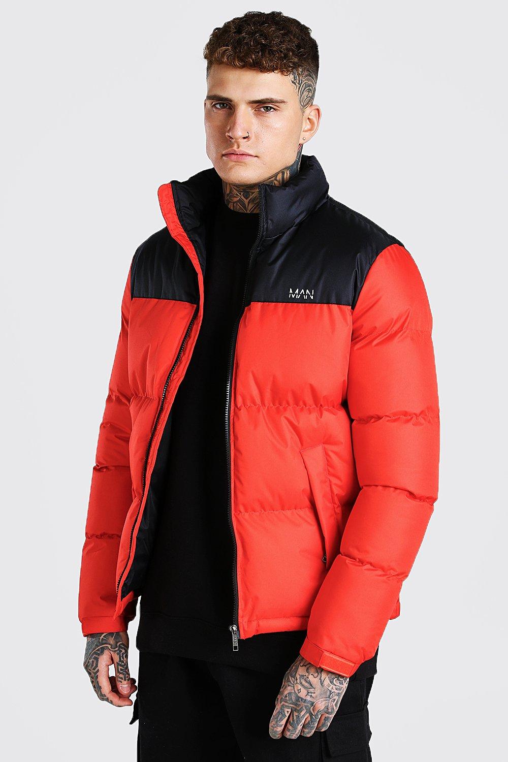 Mens colour block puffer on sale jacket