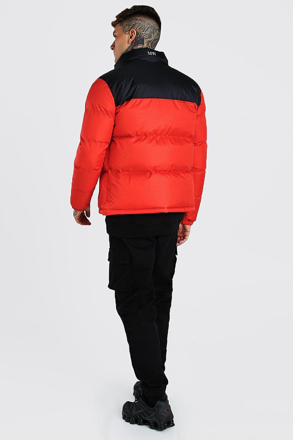 Red puffer jacket on sale boohoo