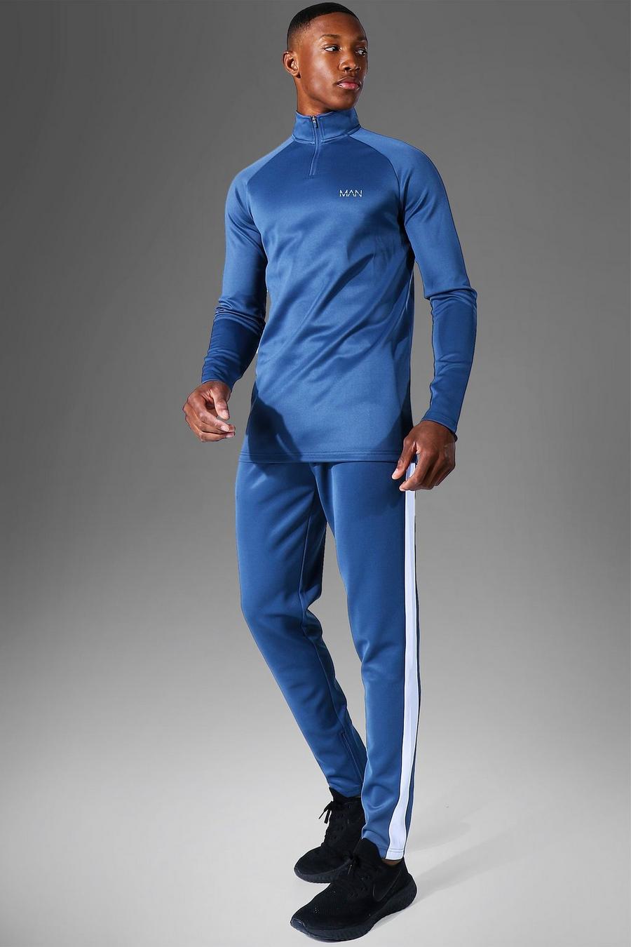 Dusty blue Active Gym Funnel Neck Muscle Fit Tracksuit image number 1