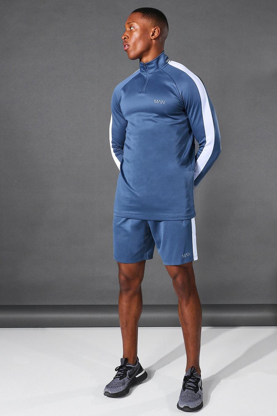 כחול מאובק חליפת טרנינג ספורטיבית עם שורט, צווארון משפך וכיתוב Man image number 1