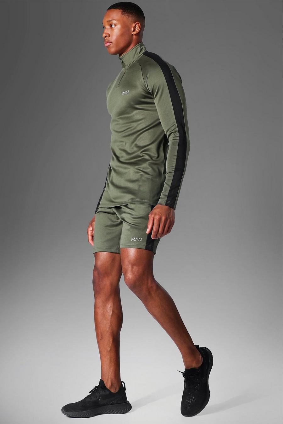 Khaki MAN Active Tröja med hög krage och shorts image number 1