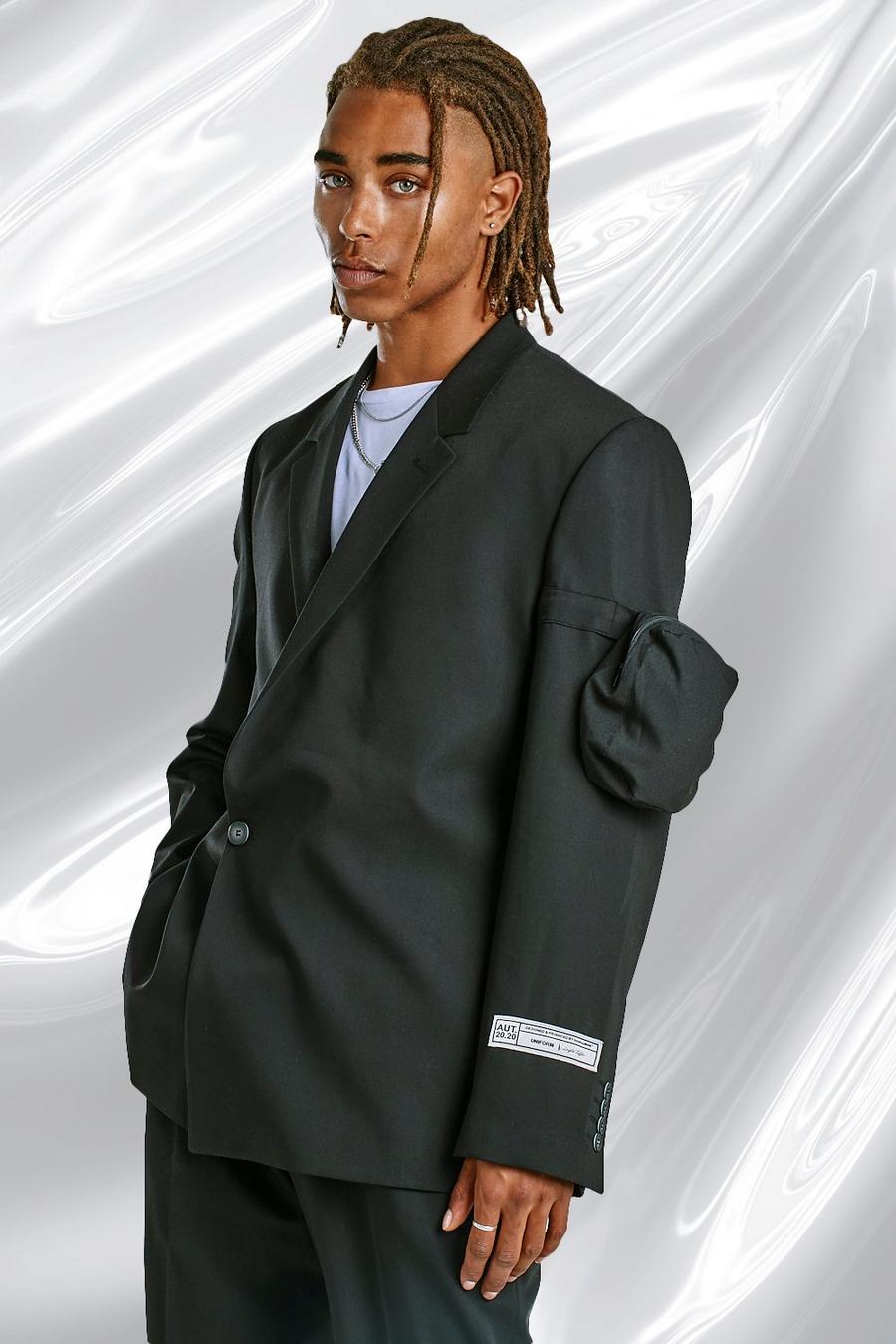 שחור ז'קט חליפה חלק עם כיס בגזרה משוחררת בסגנון שימושי image number 1