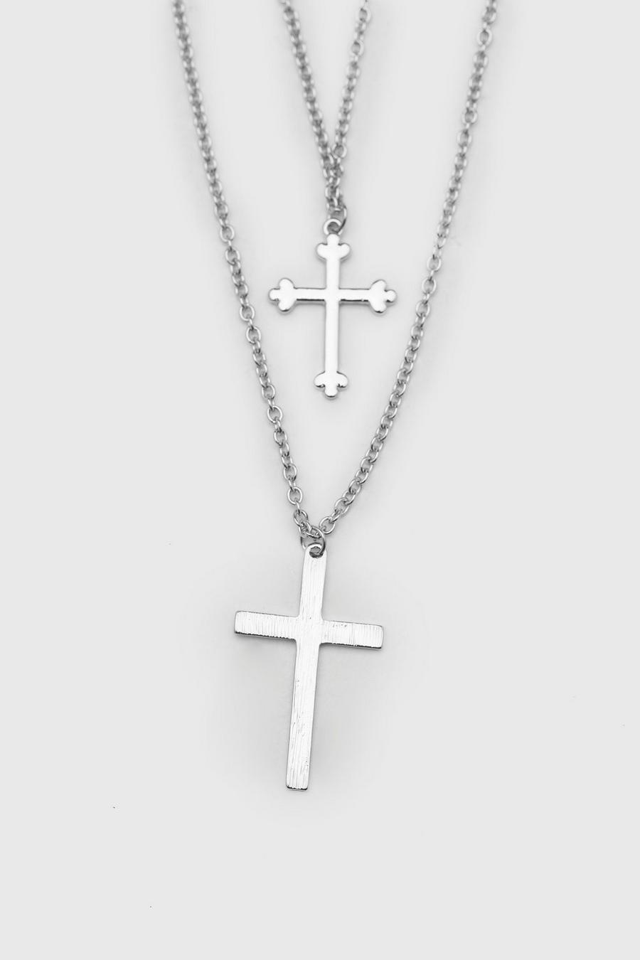 Silver Double Row Cross Necklace image number 1