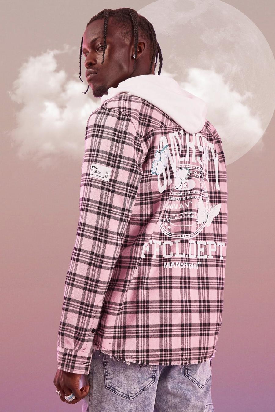 Pink rosa Long Sleeve Overdyed Check Shirt With Back Print image number 1