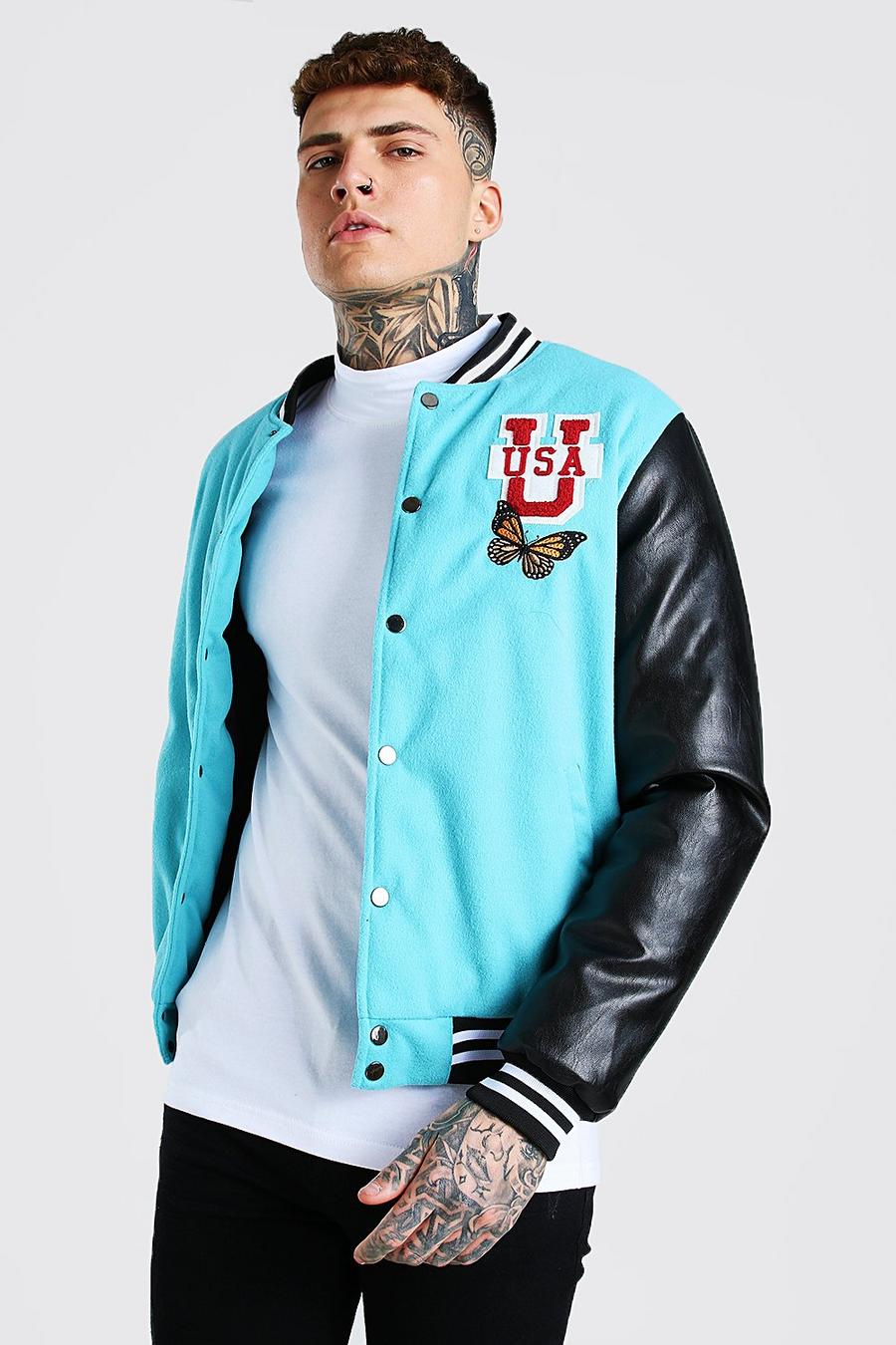 Teal Wool Look And PU Varsity Bomber image number 1