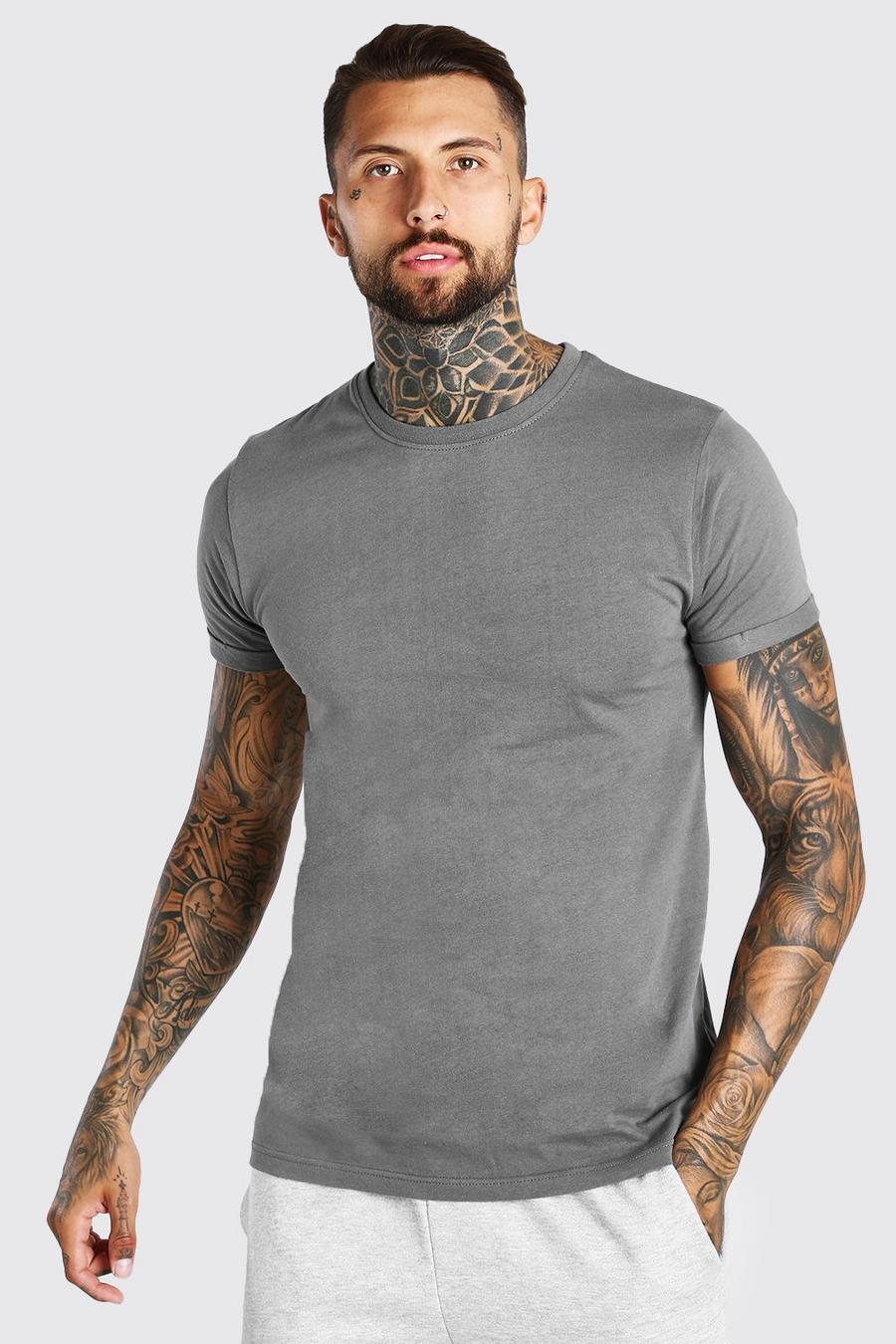 Dark grey grå Crew Neck T-Shirt With Rolled Sleeves