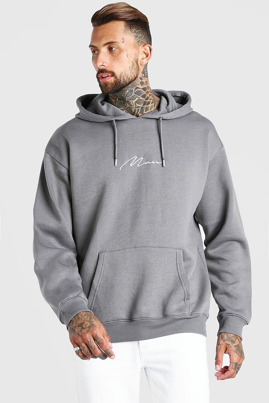 Dark grey grå Man Signature Oversize hoodie image number 1