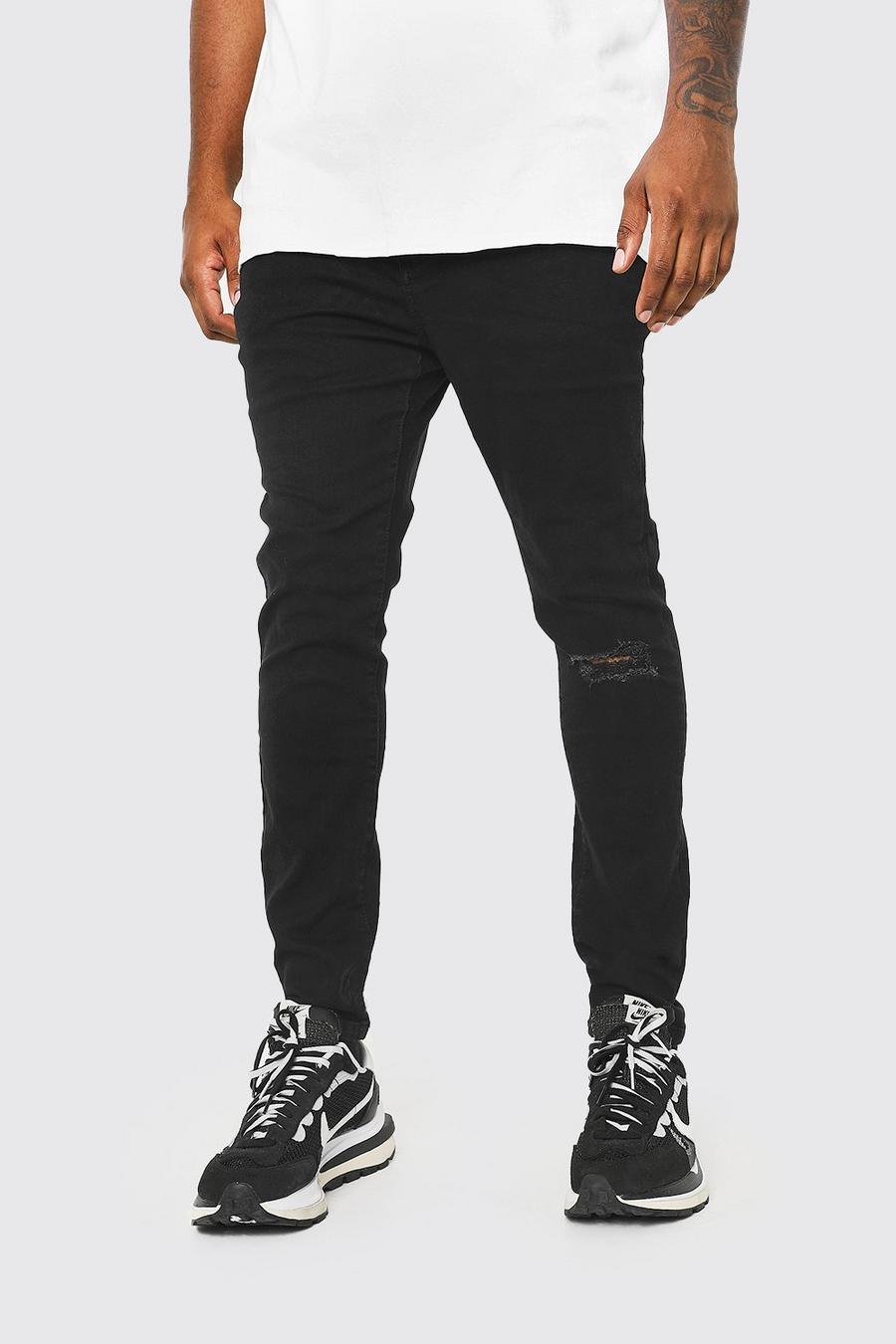שחור מכנסי ג'ינס סופר סקיני עם ברך קרועה לגברים גדולים וגבוהים image number 1