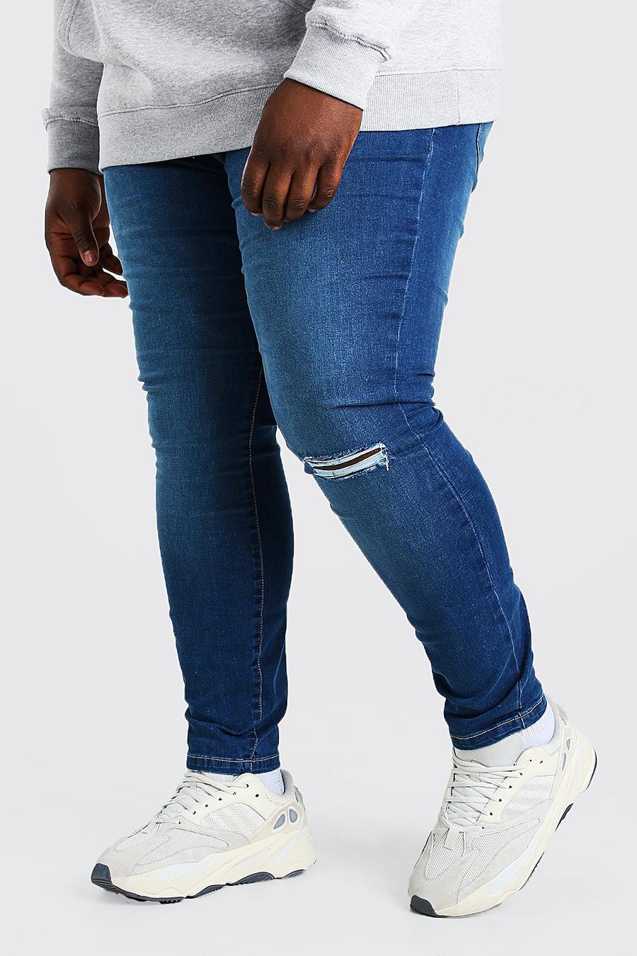 כחול ביניים מכנסי ג'ינס סופר סקיני עם ברך קרועה לגברים גדולים וגבוהים image number 1