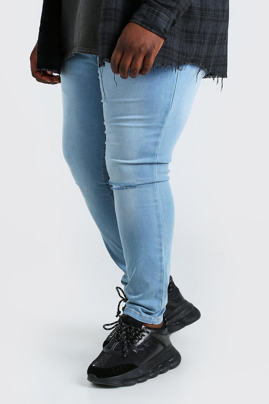 כחול בהיר מכנסי ג'ינס סופר סקיני עם ברך קרועה לגברים גדולים וגבוהים image number 1