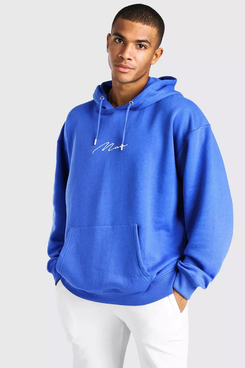 Boohoo Man Signature Over The Head Hoodie in Blue