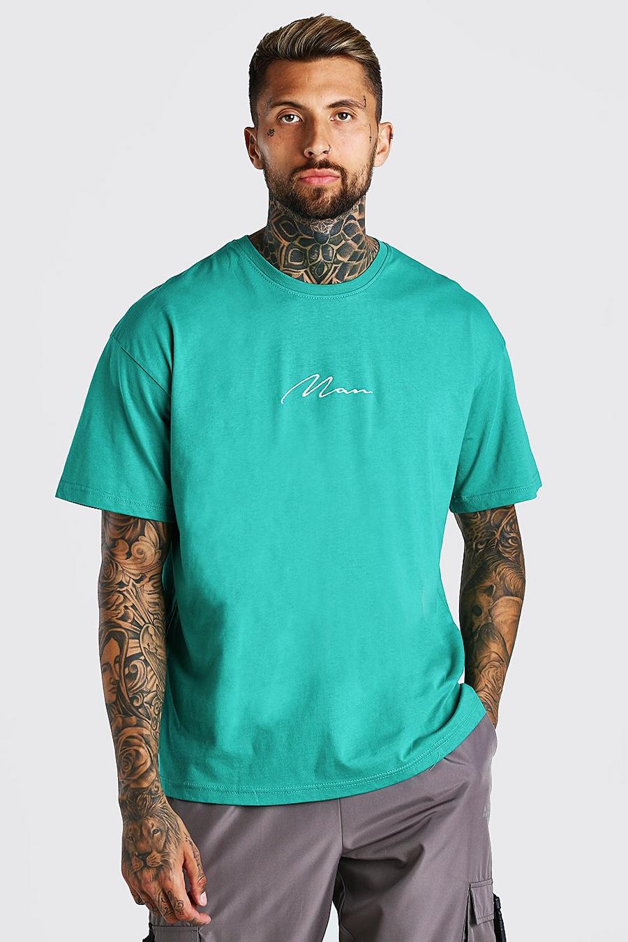 Green Oversized MAN Signature Embroidered T-Shirt image number 1