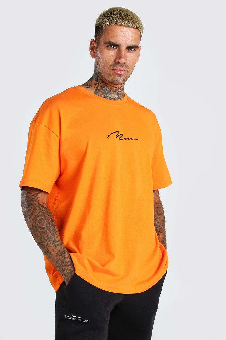 Orange Oversized MAN Signature Embroidered T-Shirt image number 1
