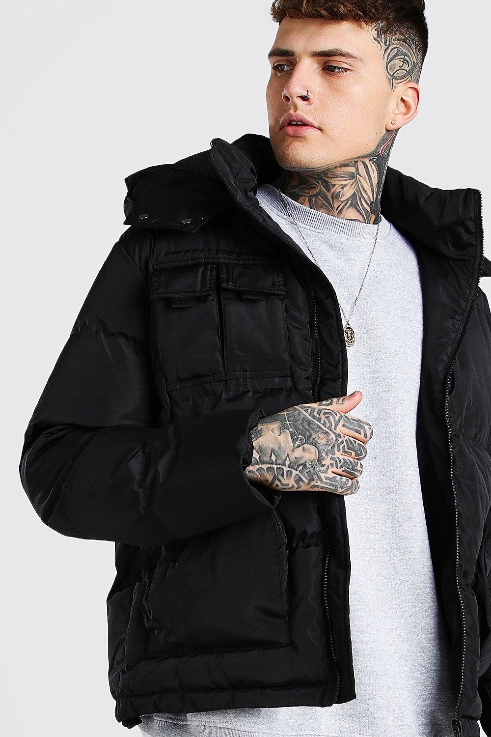 Men s Patch Pocket Hooded Puffer Jacket Boohoo UK