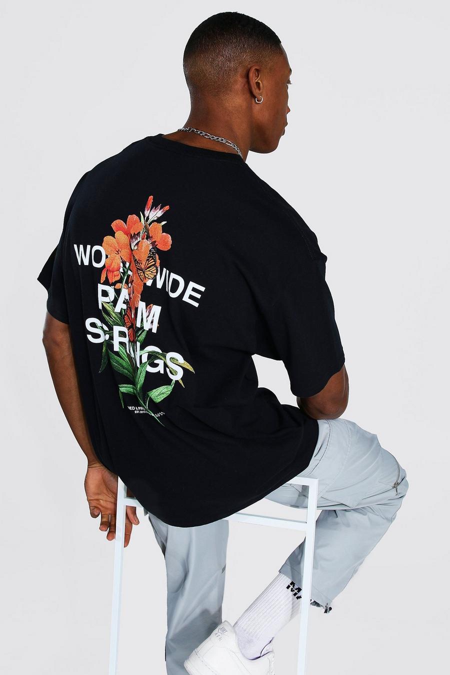 Black Oversized Man Floral Back Graphic T-Shirt image number 1