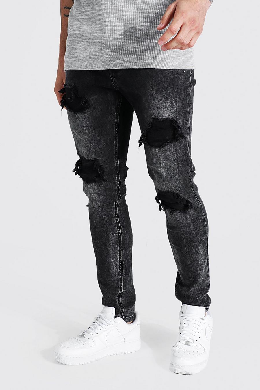 Jeans Skinny Fit elasticizzati con strappi & rattoppi dello stesso tessuto, Washed black image number 1