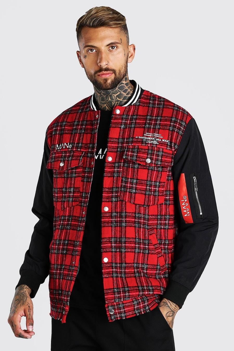 Red Check Fabric Mix Bomber Hybrid With Back Print image number 1