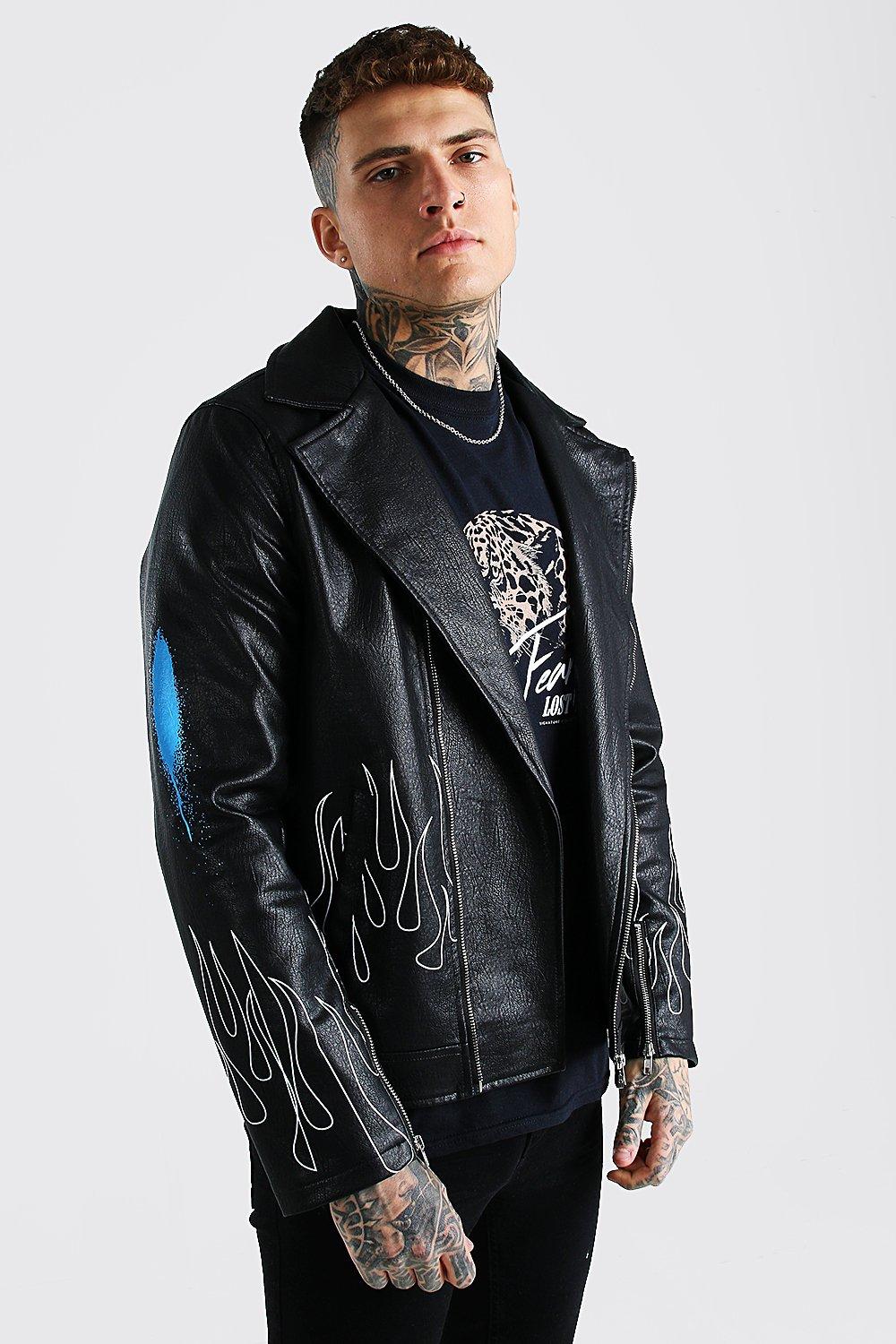 人気ブランドを BOOHOO /Paint Art FLAME Biker Jacket レザー レザー 