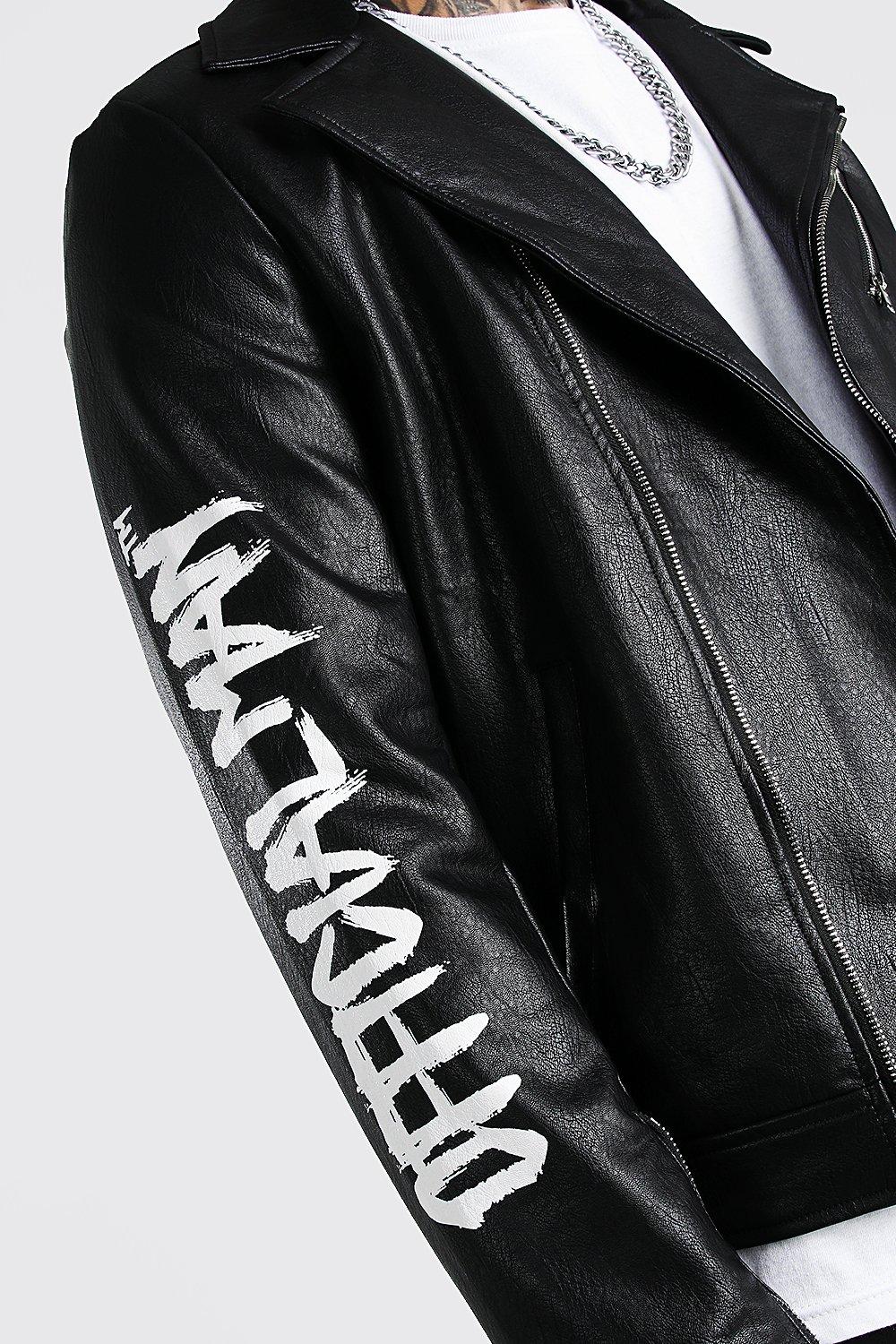 Leather Look Biker Jacket With Back Print