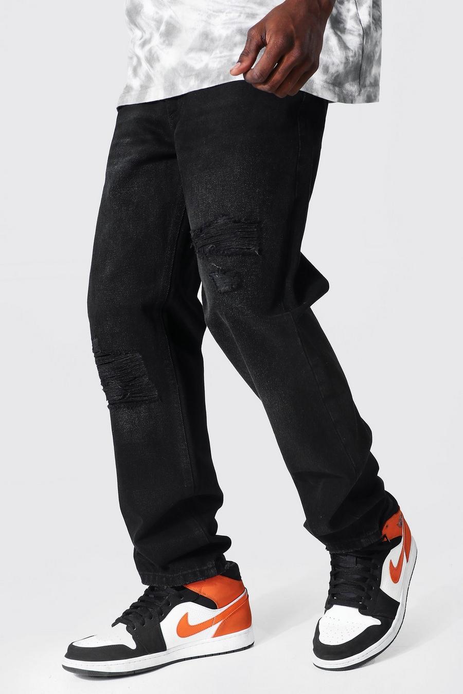 Jeans taglio rilassato con strappi & rattoppi, Washed black image number 1