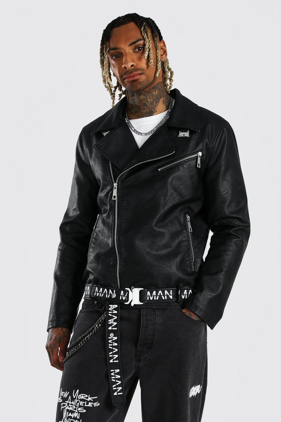 שחור ז'קט אופנוענים במראה עור עם חגורה ממותגת MAN image number 1