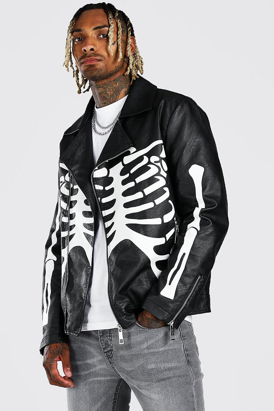 Black Skeleton Print Biker Jacket image number 1