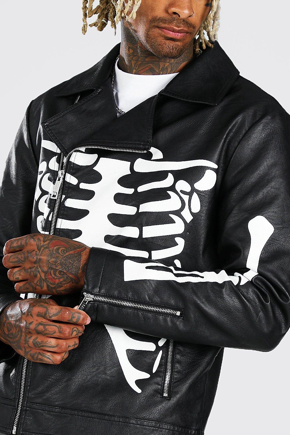 Black Leather Biker Jacket With Skull Printed Sleeves