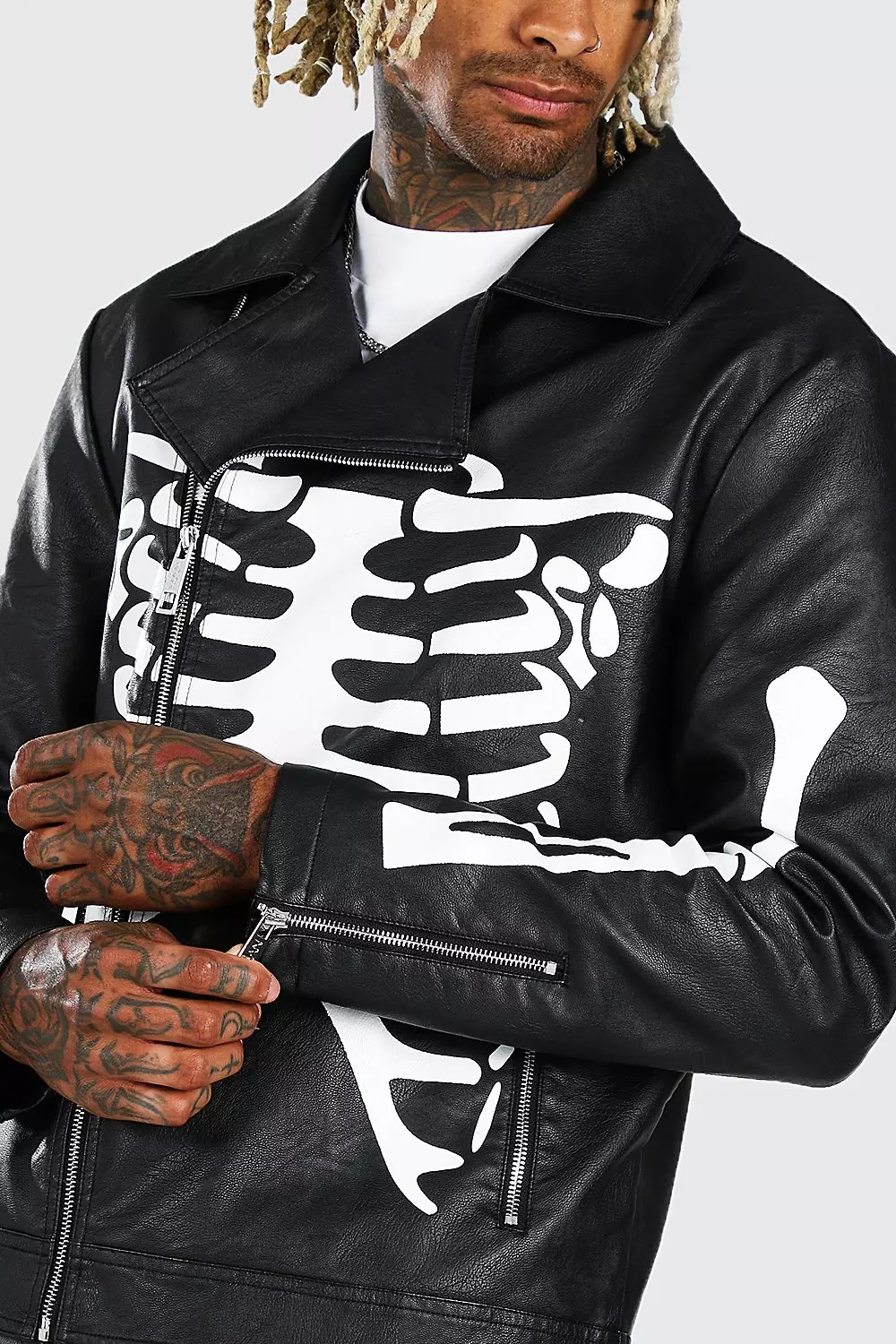 Skeleton Print Biker Jacket