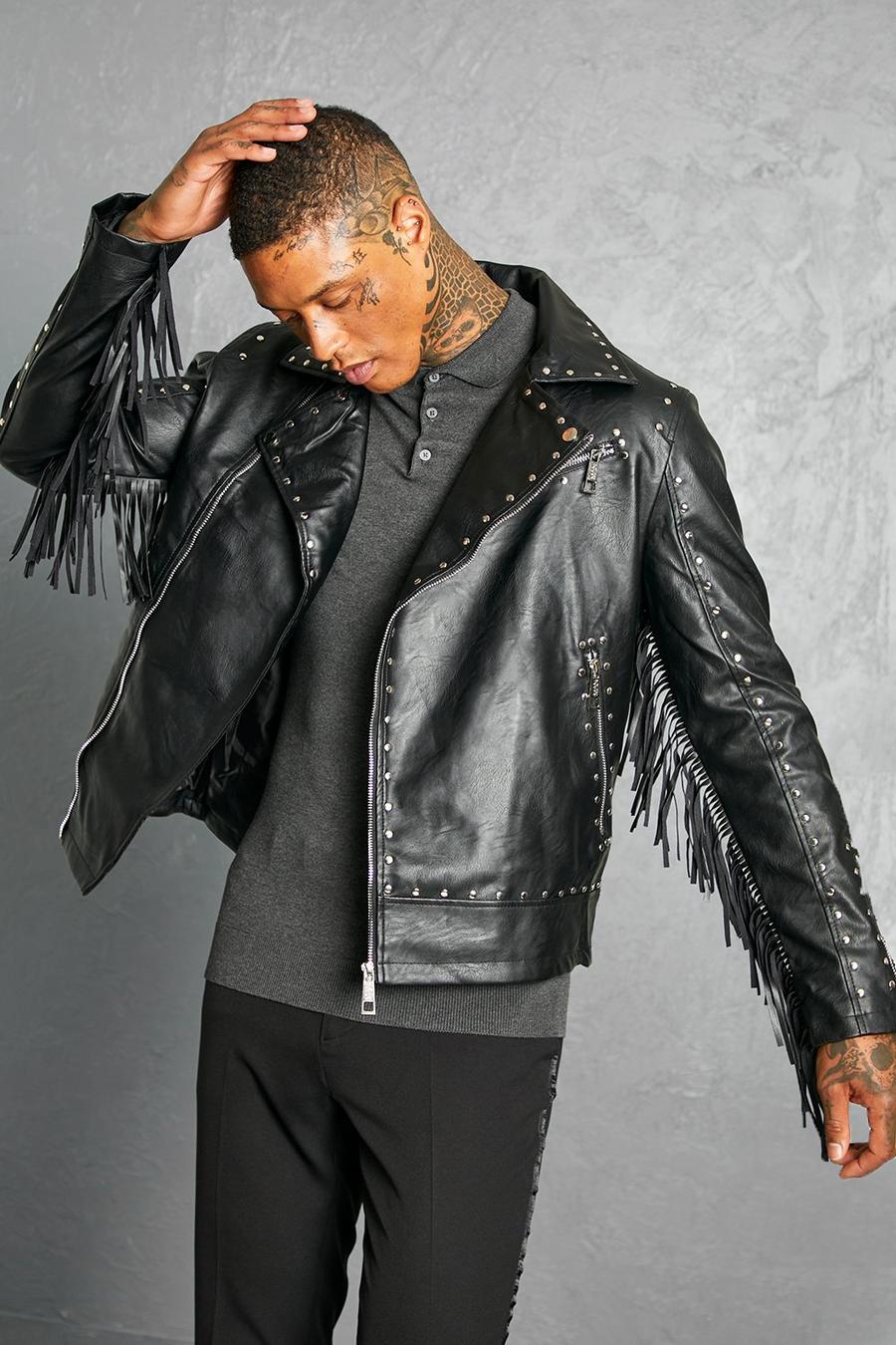 Black Leather Look Studded Fringe Biker Jacket image number 1