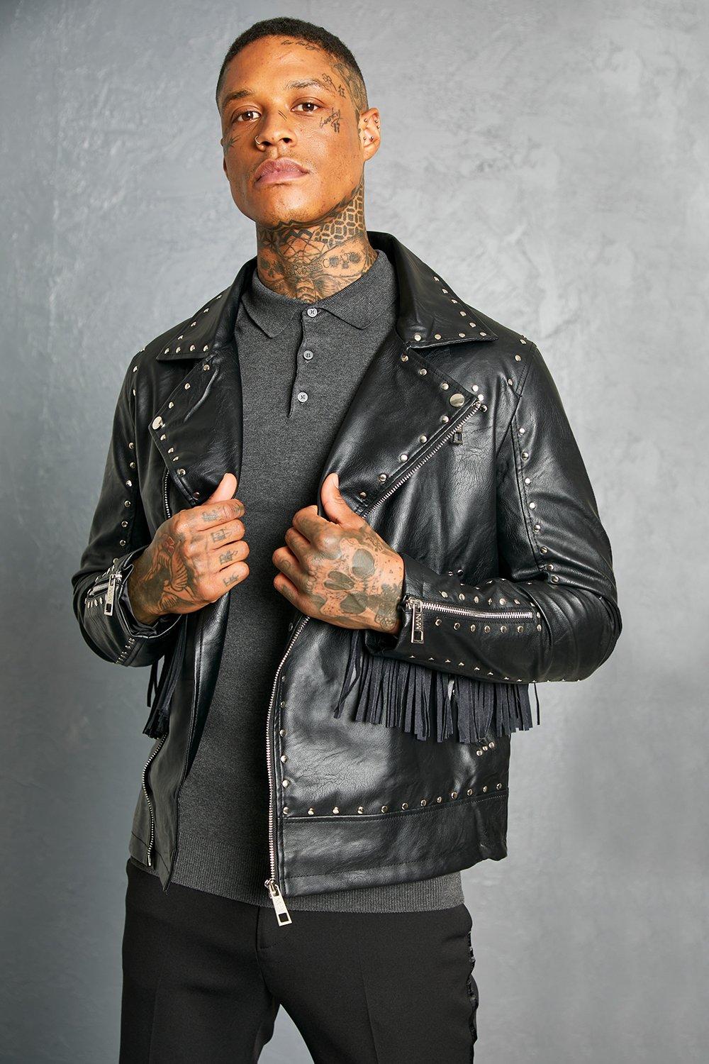 Studded Biker Jacket And Printed Leather For Men