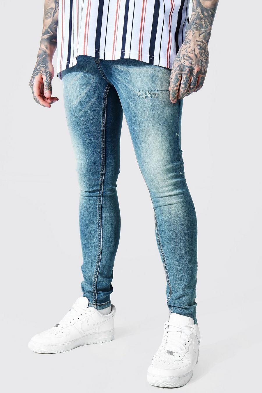Jeans super skinny effetto slavato a schizzi, Azzurro vintage image number 1