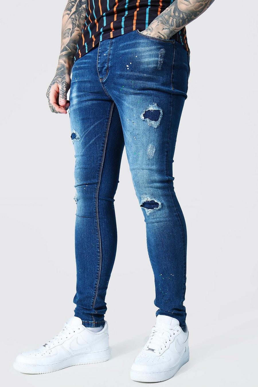 Dark blue Super Skinny Paint Splatter Jeans image number 1
