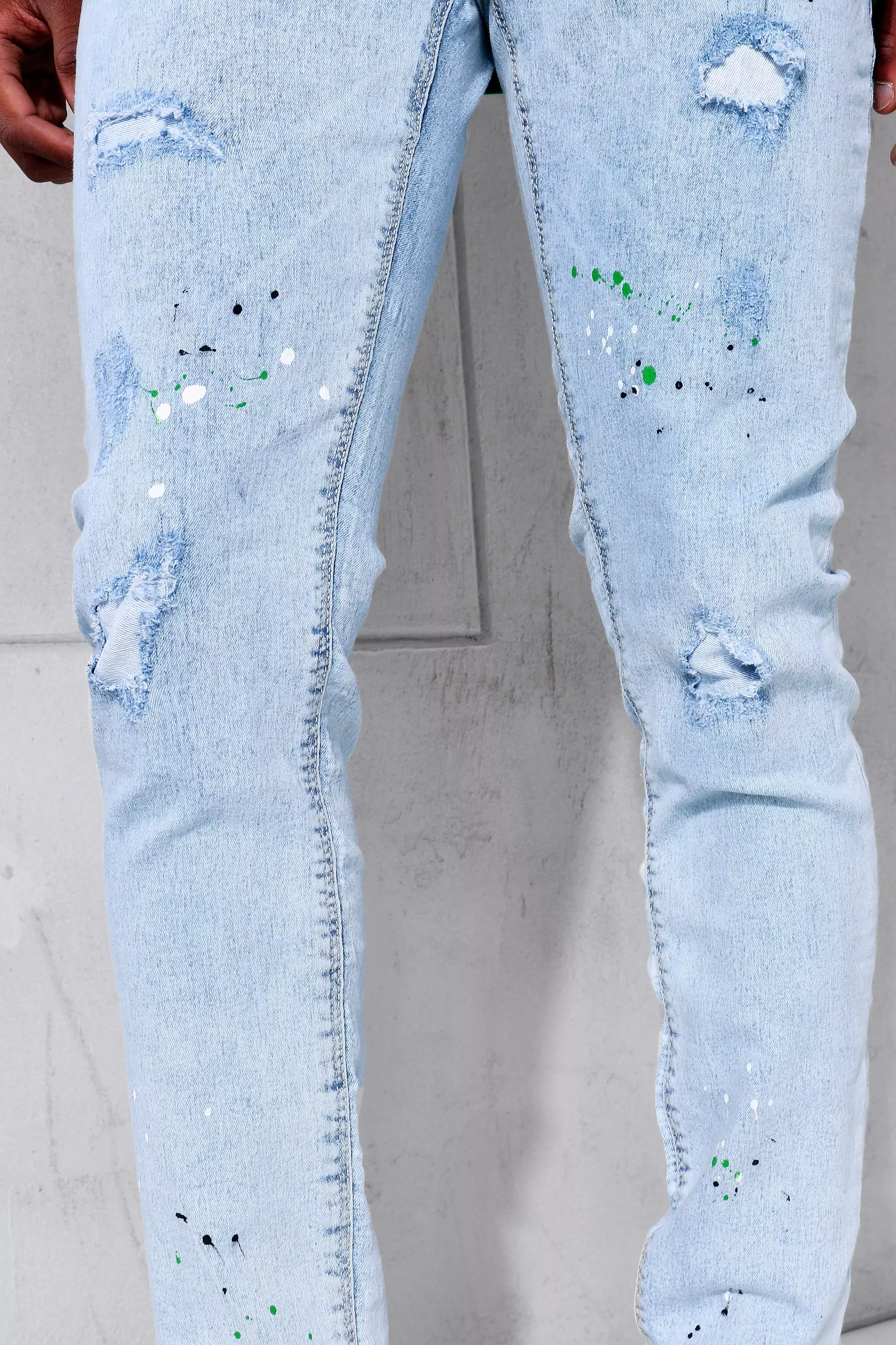 Boohoo Mens Super Skinny Busted Knee Paint Splatter Jeans - Grey 34R