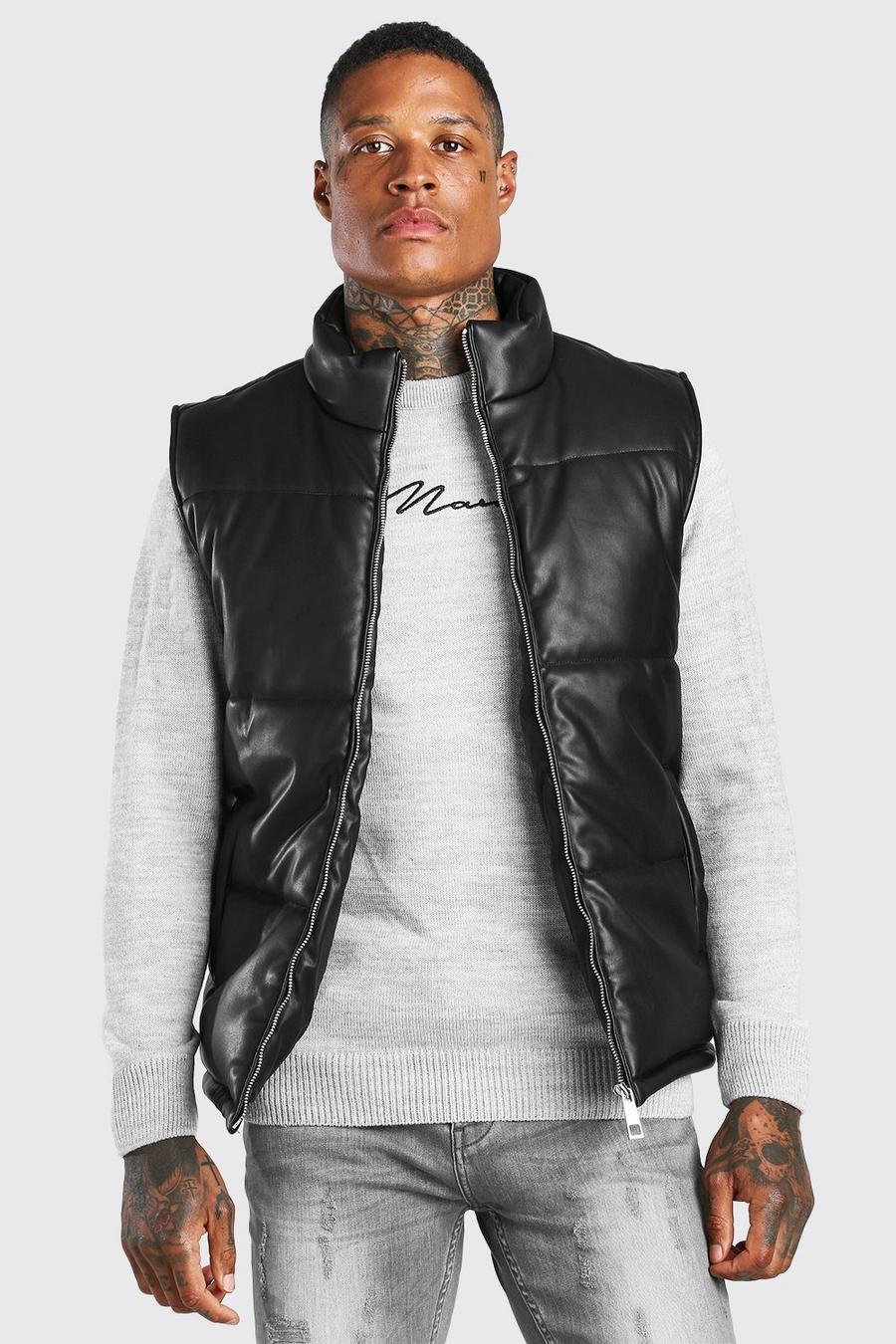 Black Leather Look Puffer Gilet image number 1