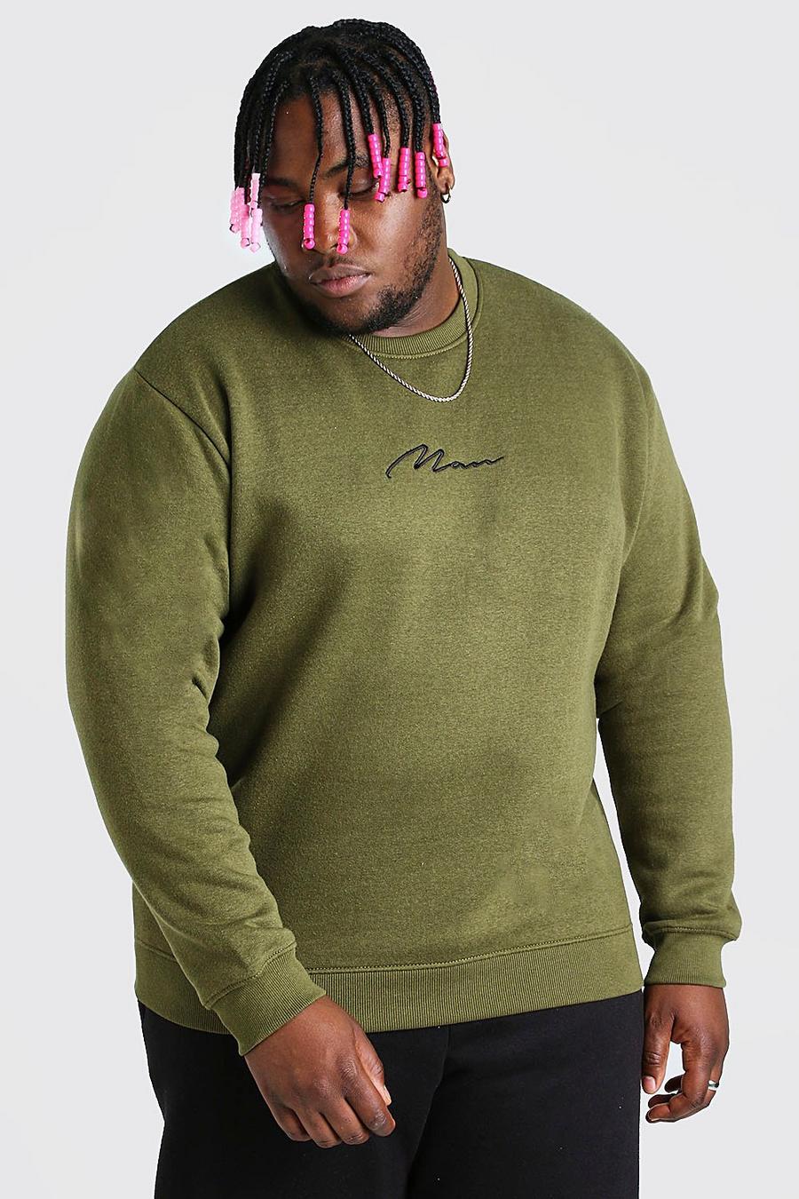 Khaki Plus Size MAN Script Embroidered Sweater image number 1