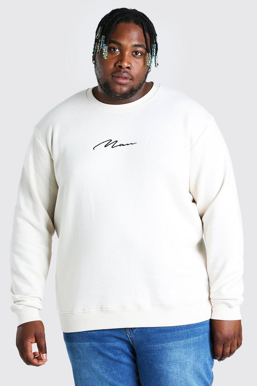 Ecru Plus Size MAN Script Embroidered Sweater image number 1