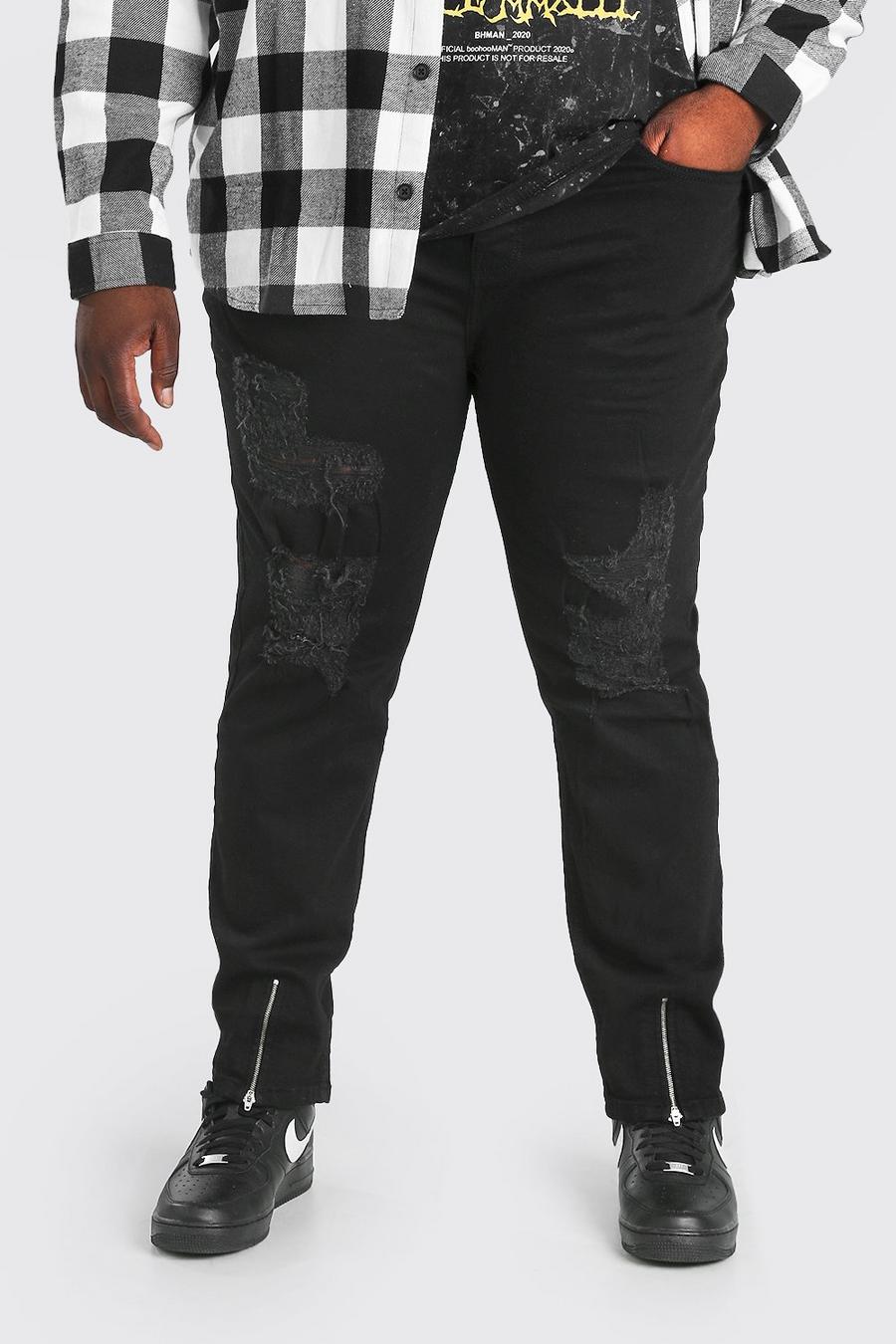 שחור מכנסי ג'ינס בגזרת סקיני עם הרבה קרעים לגברים גדולים וגבוהים image number 1