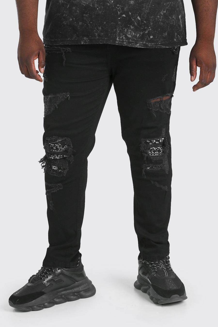 Black Plus Size - Super skinny biker jeans med bandanadetaljer image number 1